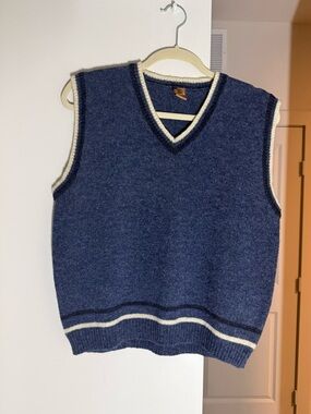 Women’s Blue V-Neck Sweater Vest with Cream Trim